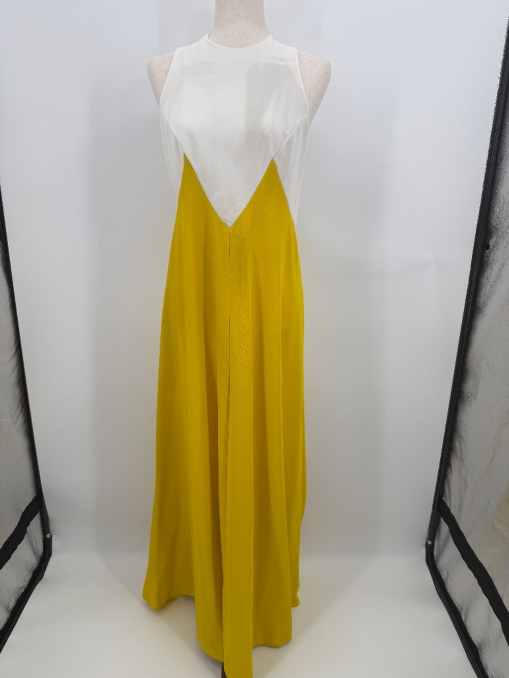 Vintage 1970s Gossard Yellow White Colorblock Maxi Dress Retro Disco Women M